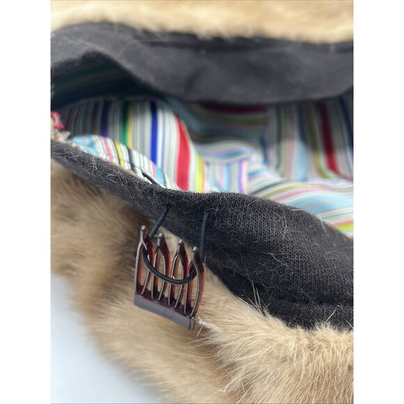Vintage Real Fur Hat Tan Brown Womens 1950s 1960s Striped Lining Winter Cap